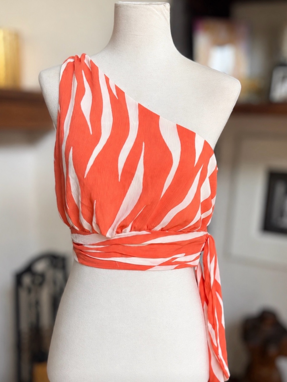 H&M Coral Orange Ivory One Shoulder Wrap Crop Top Size S